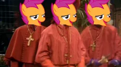 Size: 627x352 | Tagged: safe, banned from derpibooru, deleted from derpibooru, derpibooru import, scootaloo, chickun, exploitable meme, faic, forced meme, meme, monty python