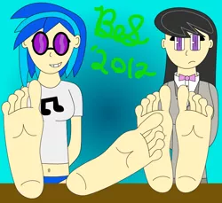 Size: 672x616 | Tagged: safe, artist:b-cacto, banned from derpibooru, deleted from derpibooru, derpibooru import, octavia melody, vinyl scratch, human, belly button, colored, feet, fetish, foot fetish, humanized, soles, stylistic suck