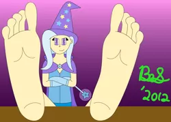 Size: 978x702 | Tagged: suggestive, artist:b-cacto, artist:b-cactoarts, banned from derpibooru, deleted from derpibooru, derpibooru import, trixie, human, barefoot, cape, clothes, colored, feet, female, fetish, foot fetish, foot focus, hat, humanized, image, png, soles, solo, stylistic suck, toes, trixie's cape, trixie's hat, wand