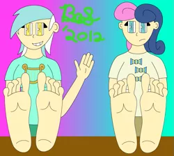Size: 761x681 | Tagged: safe, artist:b-cacto, banned from derpibooru, deleted from derpibooru, derpibooru import, bon bon, lyra heartstrings, sweetie drops, human, colored, feet, fetish, foot fetish, humanized, soles, stylistic suck