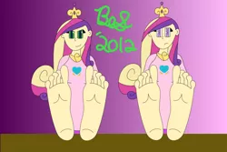 Size: 1024x683 | Tagged: safe, artist:b-cacto, banned from derpibooru, deleted from derpibooru, derpibooru import, princess cadance, queen chrysalis, changeling, human, colored, feet, fetish, foot fetish, humanized, soles, stylistic suck