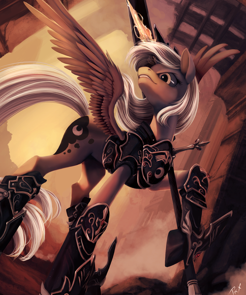 Size: 1024x1229 | Tagged: safe, artist:ponykillerx, banned from derpibooru, deleted from derpibooru, derpibooru import, princess luna, alicorn, pony, armor, female, mare, s1 luna, solo, sword, warrior luna, weapon