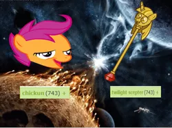 Size: 796x596 | Tagged: safe, banned from derpibooru, deleted from derpibooru, derpibooru import, scootaloo, twilight sparkle, alicorn, derpibooru, princess twilight sparkle (episode), season 4, chickun, chickun vs twilight scepter, epic, exploitable meme, faic, forced meme, meme, meta, scepter, tags, this will end in tears, twilight scepter, twilight sparkle (alicorn)