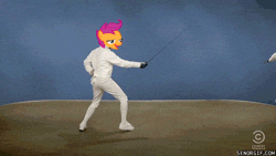 Size: 499x281 | Tagged: safe, banned from derpibooru, deleted from derpibooru, derpibooru import, scootaloo, twilight sparkle, animated, chickun, exploitable meme, faic, fencing, forced meme, meme, smirk, sword, tosh.0, twiface, weapon, wrong neighborhood