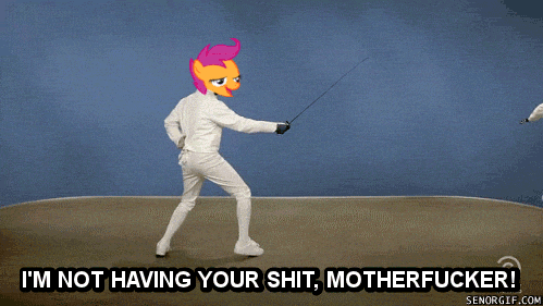 Size: 499x281 | Tagged: safe, banned from derpibooru, deleted from derpibooru, derpibooru import, scootaloo, twilight sparkle, animated, caption, chickun, exploitable meme, faic, fencing, forced meme, image macro, meme, smirk, sword, text, tosh.0, twiface, vulgar, weapon, wrong neighborhood