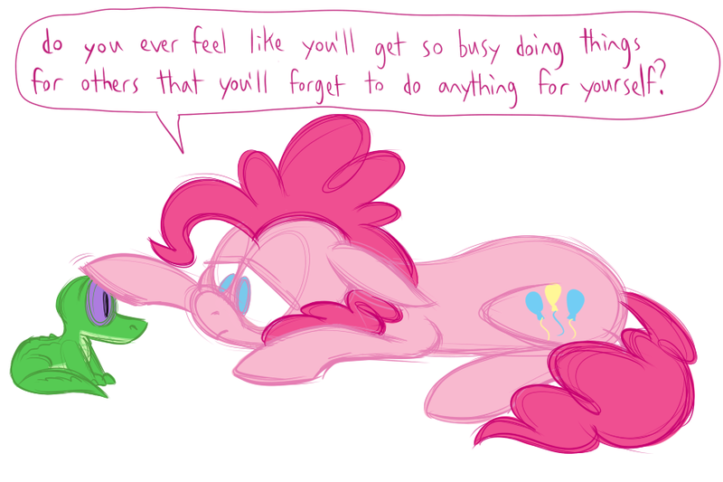 Size: 900x600 | Tagged: safe, artist:karpet-shark, banned from derpibooru, deleted from derpibooru, derpibooru import, gummy, pinkie pie, dialogue, pet, sad, speech bubble, tired