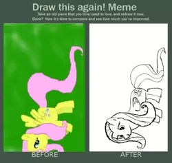 Size: 784x744 | Tagged: safe, artist:burnhaloflame, banned from derpibooru, deleted from derpibooru, derpibooru import, fluttershy, comparison, draw this again, redraw