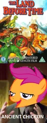 Size: 316x828 | Tagged: safe, banned from derpibooru, deleted from derpibooru, derpibooru import, scootaloo, chickun, exploitable meme, faic, forced meme, meme, the land before time