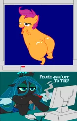 Size: 656x1039 | Tagged: safe, banned from derpibooru, deleted from derpibooru, derpibooru import, queen chrysalis, scootaloo, chickun, exploitable meme, faic, forced meme, meme