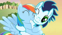 Size: 500x281 | Tagged: safe, banned from derpibooru, deleted from derpibooru, derpibooru import, edit, rainbow dash, soarin', eyes closed, female, grin, hug, male, one eye closed, shipping, smiling, soarindash, spread wings, straight, wings, wink