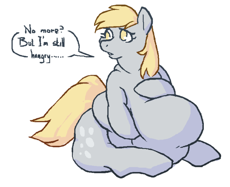 Size: 799x649 | Tagged: safe, artist:phantom of 4chan, banned from derpibooru, deleted from derpibooru, derpibooru import, derpy hooves, pegasus, belly, bellyrubs, dialogue, fat, obese, solo, wingless