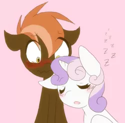 Size: 806x791 | Tagged: safe, artist:ashleynicholsart, banned from derpibooru, deleted from derpibooru, derpibooru import, button mash, sweetie belle, blushing, female, floppy ears, leaning, male, :o, onomatopoeia, open mouth, shipping, sleeping, sound effects, straight, sweetiemash, wavy mouth, wide eyes, zzz