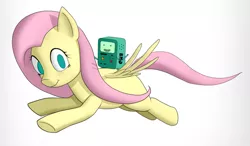 Size: 670x391 | Tagged: safe, artist:roxenmage, banned from derpibooru, deleted from derpibooru, derpibooru import, fluttershy, adventure time, bmo, crossover, flying