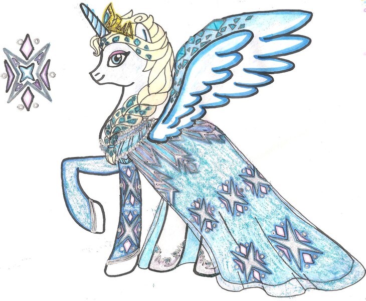 Size: 1885x1550 | Tagged: safe, artist:coopergal24, banned from derpibooru, deleted from derpibooru, derpibooru import, ponified, alicorn, pony, braid, clothes, disney, dress, elsa, frozen (movie), jewelry, solo, tiara, traditional art