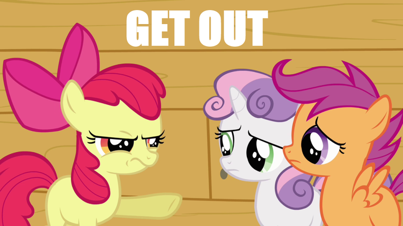 Size: 1035x582 | Tagged: safe, banned from derpibooru, deleted from derpibooru, derpibooru import, apple bloom, scootaloo, sweetie belle, caption, get out, gtfo, image macro, text