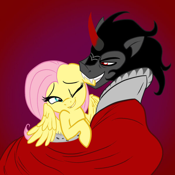 Size: 892x896 | Tagged: safe, artist:merc267, artist:mickeymonster, banned from derpibooru, deleted from derpibooru, derpibooru import, fluttershy, king sombra, bedroom eyes, biting, cape, clothes, ear bit, fangs, female, floppy ears, grin, hug, male, one eye closed, shipping, smiling, sombrashy, spread wings, straight, teasing, wings, wink