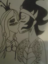 Size: 774x1032 | Tagged: safe, artist:merc267, banned from derpibooru, deleted from derpibooru, derpibooru import, king sombra, queen chrysalis, human, camera, chrysombra, female, humanized, inked, kissing, love, male, shipping, straight