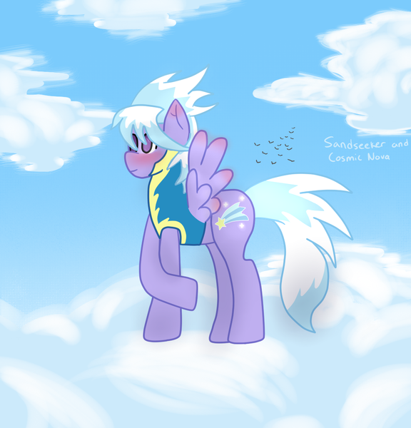 Size: 1000x1042 | Tagged: safe, artist:ask-sandseeker, artist:futaku, banned from derpibooru, deleted from derpibooru, derpibooru import, cloudchaser, blushing, clothes, cloud, cute, sky, solo, uniform, wonderbolts uniform