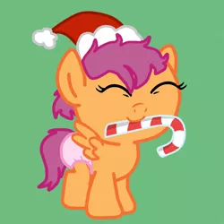 Size: 800x800 | Tagged: safe, artist:jolteongirl, banned from derpibooru, deleted from derpibooru, derpibooru import, scootaloo, pony, ask baby scoots, baby, baby pony, candy, candy cane, christmas, diaper, foal, food, hat, holiday, mouth hold, santa hat, solo, tumblr