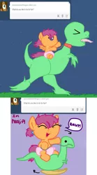 Size: 1280x2295 | Tagged: safe, artist:jolteongirl, banned from derpibooru, deleted from derpibooru, derpibooru import, scootaloo, dinosaur, pony, ask baby scoots, ask, baby, baby pony, cute, cutealoo, foal, imagination, riding, tumblr