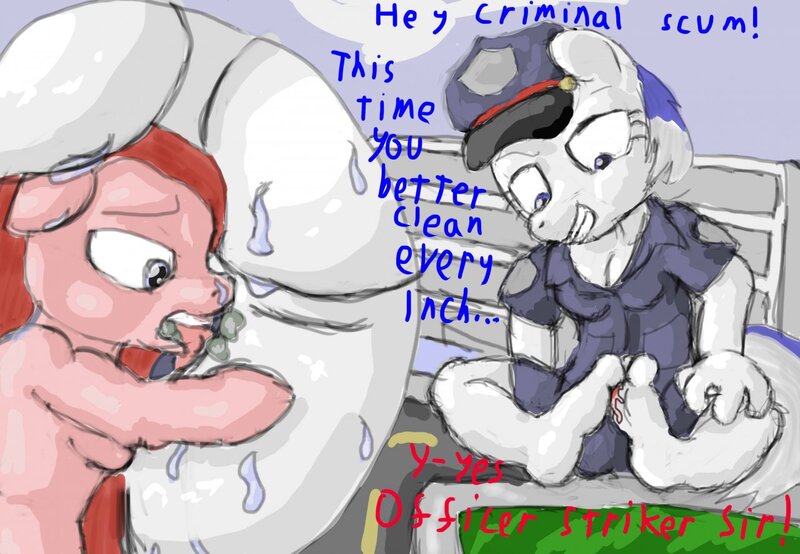 Size: 1280x886 | Tagged: questionable, artist:miles-valentine, banned from derpibooru, deleted from derpibooru, derpibooru import, pinkie pie, oc, oc:striker, anthro, feet, female, fetish, foot fetish, lesbian, micro, pinkamena diane pie, police