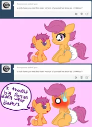 Size: 1280x1772 | Tagged: safe, artist:jolteongirl, banned from derpibooru, deleted from derpibooru, derpibooru import, scootaloo, pony, ask baby scoots, ask, baby, baby pony, blushing, crinkleloo, crossover, diaper, foal, self ponidox, tumblr