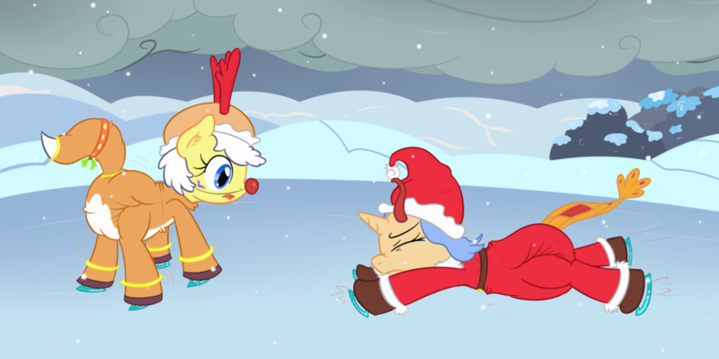 Size: 1024x511 | Tagged: questionable, artist:vitriolink, banned from derpibooru, deleted from derpibooru, derpibooru import, oc, oc:milotipony, oc:renapony, ponified, milotic, pony, renamon, christmas, diaper, diaper fetish, digimon, fetish, holiday, ice skating, pokémon, poofy diaper