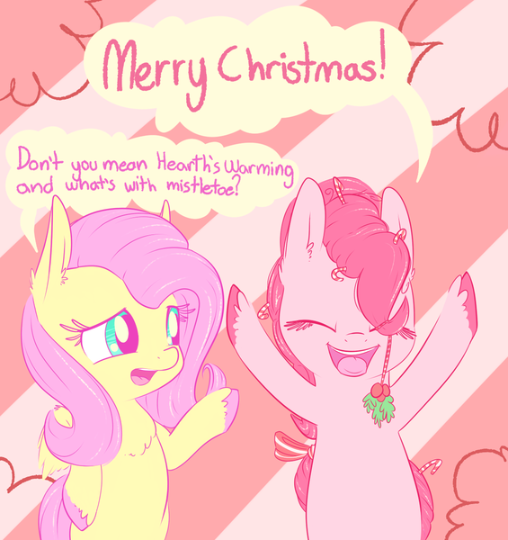 Size: 1129x1200 | Tagged: safe, artist:handsockz, banned from derpibooru, deleted from derpibooru, derpibooru import, fluttershy, pinkie pie, candy, candy cane, christmas, female, flutterpie, food, hearth's warming, holiday, holly, holly mistaken for mistletoe, hooves, lesbian, shipping, speech bubble, unshorn fetlocks