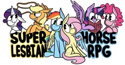 Size: 1280x664 | Tagged: safe, artist:karpet-shark, banned from derpibooru, deleted from derpibooru, derpibooru import, applejack, fluttershy, pinkie pie, rainbow dash, rarity, twilight sparkle, twilight sparkle (alicorn), alicorn, super lesbian horse rpg, book, female, flutterdash, lasso, lesbian, mane six, rarijack, reading, rope, shipping, twinkie