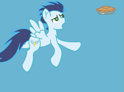 Size: 867x648 | Tagged: safe, artist:ask-sandseeker, banned from derpibooru, deleted from derpibooru, derpibooru import, soarin', animated, apple, apple pie, chase, flying, food, pie, solo, wip, wonderbolts