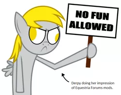 Size: 600x470 | Tagged: safe, banned from derpibooru, deleted from derpibooru, derpibooru import, edit, derpy hooves, equestria forums, mods, no fun allowed, sign, solo, text