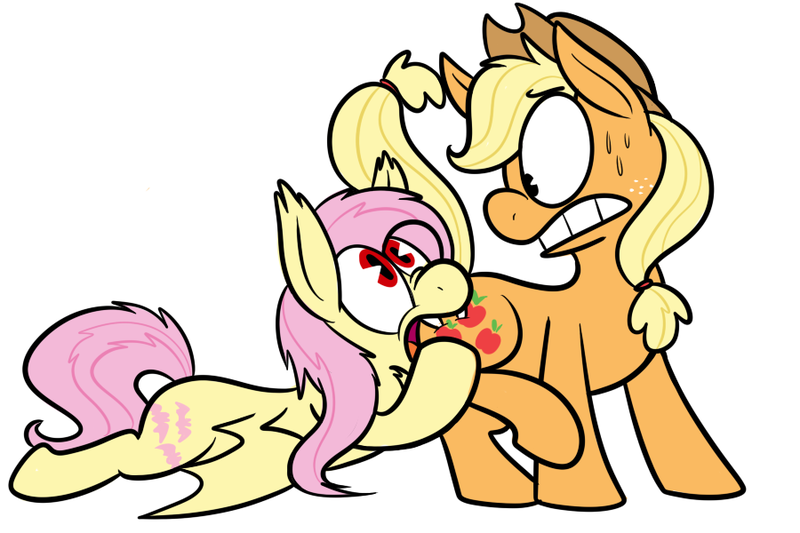 Size: 900x600 | Tagged: safe, artist:karpet-shark, banned from derpibooru, deleted from derpibooru, derpibooru import, applejack, fluttershy, bat pony, bats!, bat ponified, biting, butt, butt bite, flutterbat, nom, plot, race swap, sweat, sweatdrop, wide eyes