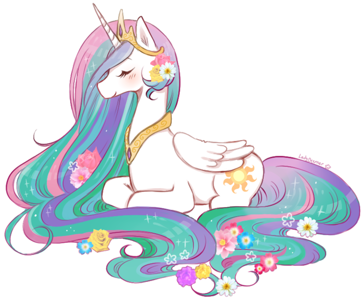 Size: 850x700 | Tagged: safe, artist:ladybeemer, banned from derpibooru, deleted from derpibooru, derpibooru import, princess celestia, blushing, eyes closed, flower, prone, smiling, solo