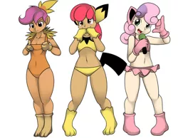 Size: 1014x788 | Tagged: suggestive, artist:kloudmutt, banned from derpibooru, deleted from derpibooru, derpibooru import, apple bloom, scootaloo, sweetie belle, human, jigglypuff, pichu, torchic, adorabloom, adorasexy, attached skirt, belly button, clothes, cosplay, costume, cute, cutie mark crusaders, diasweetes, female, humanized, image, jpeg, light skin, lolicon, midriff, pikabloom, pokémon, scootachicken, sexy, skirt, underage, voice actor joke