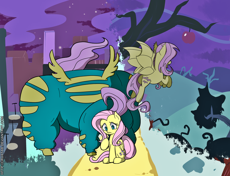 Size: 2048x1572 | Tagged: safe, artist:cruxtar, banned from derpibooru, deleted from derpibooru, derpibooru import, fluttershy, saddle rager, bat pony, pony, bats!, power ponies (episode), apple, bat ponified, clothes, costume, duality, flutterbat, flutterhulk, food, power ponies, race swap, square crossover, transformation