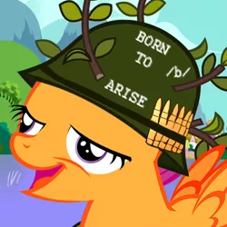 Size: 421x421 | Tagged: safe, banned from derpibooru, deleted from derpibooru, derpibooru import, scootaloo, army helmet, /b/, chickun, exploitable meme, faic, forced meme, helmet, meme, solo