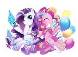 Size: 700x511 | Tagged: safe, artist:aukama, artist:rinn11201, banned from derpibooru, deleted from derpibooru, derpibooru import, pinkie pie, rarity, balloon, gem, pixiv, rainbow power