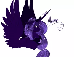 Size: 1280x986 | Tagged: safe, artist:cyanocitta-blattidae, banned from derpibooru, deleted from derpibooru, derpibooru import, princess luna, floppy ears, looking at you, princess moona, profile, solo, spread wings, wings