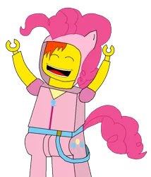 Size: 723x845 | Tagged: safe, artist:rockettheracer, banned from derpibooru, deleted from derpibooru, derpibooru import, pinkie pie, alpha team, clothes, cosplay, costume, flex, lego, minifig, solo
