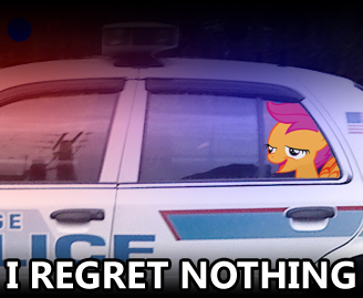 Size: 328x269 | Tagged: safe, banned from derpibooru, deleted from derpibooru, derpibooru import, scootaloo, chickun, exploitable meme, faic, forced meme, i regret nothing, meme, police car