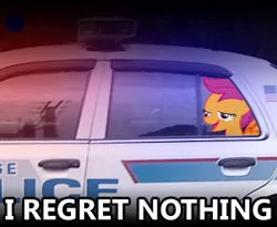 Size: 328x269 | Tagged: safe, banned from derpibooru, deleted from derpibooru, derpibooru import, scootaloo, chickun, exploitable meme, faic, forced meme, i regret nothing, meme, police car