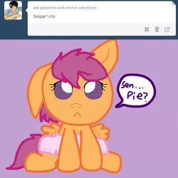 Size: 800x800 | Tagged: safe, artist:jolteongirl, banned from derpibooru, deleted from derpibooru, derpibooru import, scootaloo, pony, ask baby scoots, ask, baby, baby pony, confused, foal, senpai, solo, tumblr