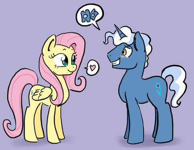 Size: 400x311 | Tagged: safe, artist:charlie-bad-touch, banned from derpibooru, deleted from derpibooru, derpibooru import, fluttershy, pokey pierce, blushing, female, flutterpierce, grin, heart, male, nervous, pokeyshy, shipping, smiling, speech bubble, straight