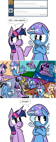 Size: 910x2280 | Tagged: safe, artist:karpet-shark, banned from derpibooru, deleted from derpibooru, derpibooru import, discord, fluttershy, trixie, twilight sparkle, bats!, apple, ask, ask-twilight-and-trixie, banana, black vine, chest fluff, comic, fangs, female, food, hug, lesbian, popcorn, shipping, sleeping, tumblr, twixie, winghug