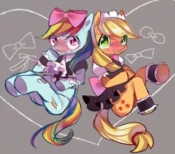 Size: 700x616 | Tagged: safe, artist:rinn11201, banned from derpibooru, deleted from derpibooru, derpibooru import, applejack, rainbow dash, anatomically incorrect, blushing, clothes, incorrect leg anatomy, maid, pixiv