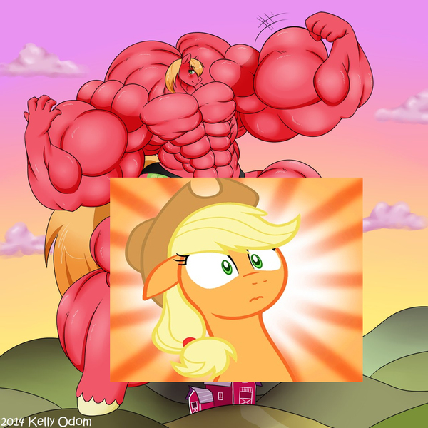 Size: 1280x1280 | Tagged: safe, artist:autumnmelody, banned from derpibooru, deleted from derpibooru, derpibooru import, edit, applejack, big macintosh, balls, big balls, big macintosh gets all the mares, censored, fetish, image, impossibly large balls, impossibly large penis, jpeg, macro, muscle fetish, muscles, penis, straight, surprised