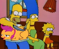 Size: 510x425 | Tagged: safe, banned from derpibooru, deleted from derpibooru, derpibooru import, scootaloo, chickun, exploitable meme, faic, forced meme, homer simpson, lisa simpson, marge simpson, meme, the simpsons