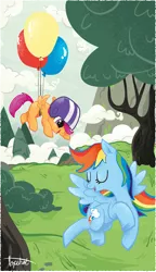 Size: 686x1187 | Tagged: safe, artist:ponyshot, banned from derpibooru, deleted from derpibooru, derpibooru import, rainbow dash, scootaloo, pegasus, pony, balloon, cute, cutealoo, daaaaaaaaaaaw, dashabetes, female, filly, flying, flying lesson, helmet, hnnng, image, mare, png, scootalove, signature