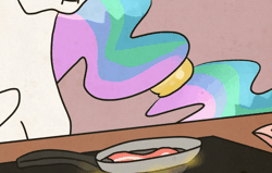Size: 1000x635 | Tagged: safe, artist:ajue, banned from derpibooru, deleted from derpibooru, derpibooru import, princess celestia, animated, bacon, cooking, food, meat, ponies eating meat, solo