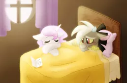 Size: 1276x838 | Tagged: safe, artist:ashleynicholsart, banned from derpibooru, deleted from derpibooru, derpibooru import, discord, princess celestia, bed, bedroom, blanket, blushing, cewestia, curtain, curtains, dislestia, eyes closed, female, filly, male, note, paper, pillow, shipping, sick, smiling, straight, window, younger